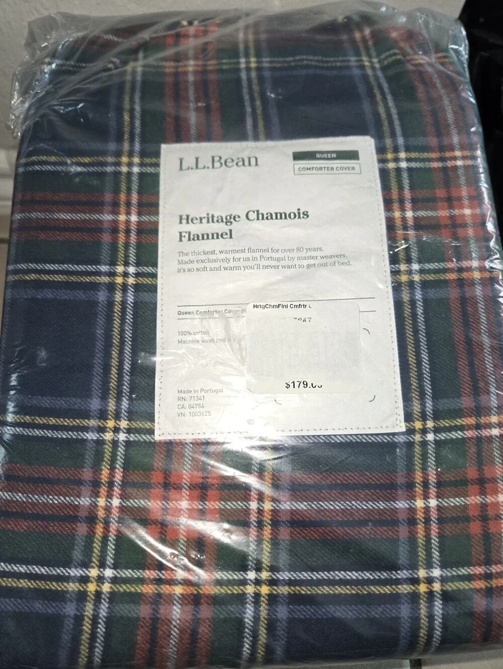 L.L. Bean Heritage Chamois Flannel Comforter Cover Navy Plaid + 2 Standard Shams